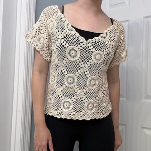 Vintage Blouse Top Knit Crochet Cream White Fairy Beach Summer Cotton Medium